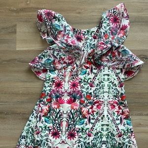 Belle Badgley Mischka Multicolor Floral Ruffle Shoulder Dress - designer